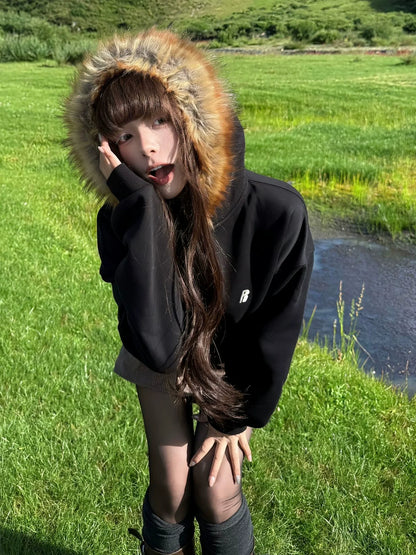 American Vintage Fur Hoodie Jacket Autumn-Winter Warm Zip-Up Sweatshirt Loose Fit