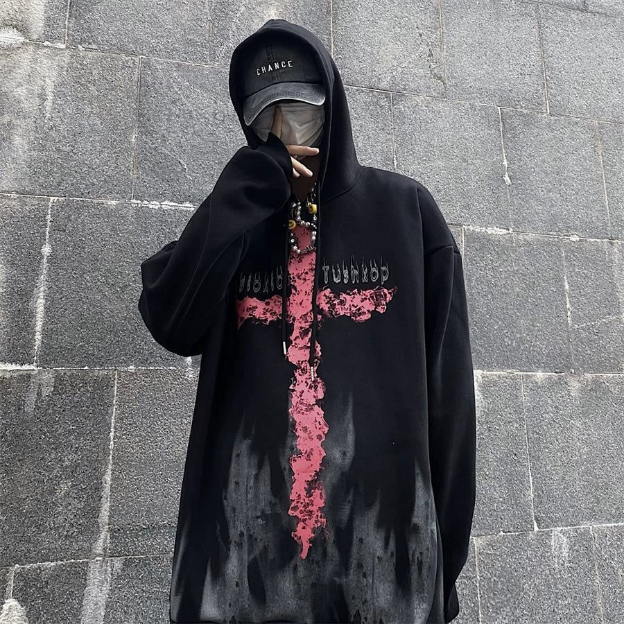 Black Y2K Rock Punk Cross Fleece-Lined Hoodie