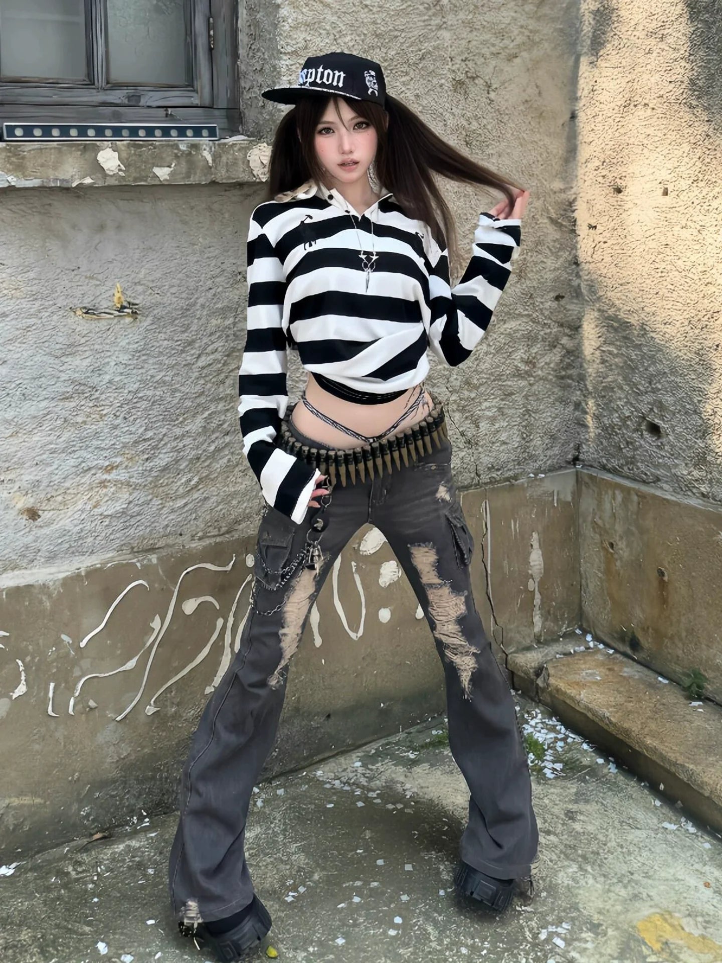 American Vintage Black & White Stripe Long Sleeve Tee Leopard Polo Top