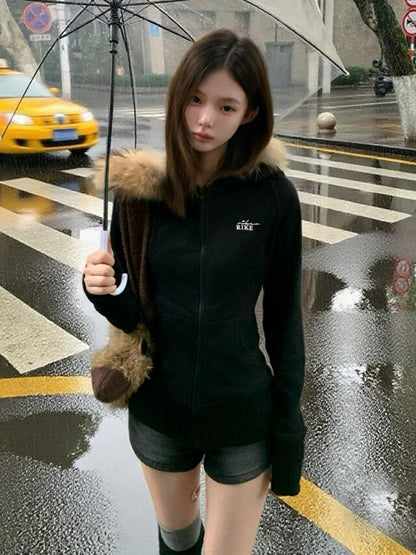 American Fitted Fur Hoodie Zip-Up Cropped Sweatshirt Jacket
