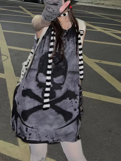 Skull Tank Dress Subculture Cyberpunk Rock Y2K E-girl Gothic Dark Dress