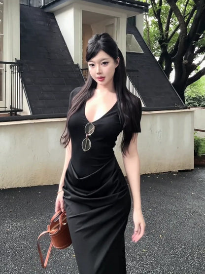 Korean-Style Black V-Neck Ruched Short-Sleeve Casual Bodycon Midi Dress