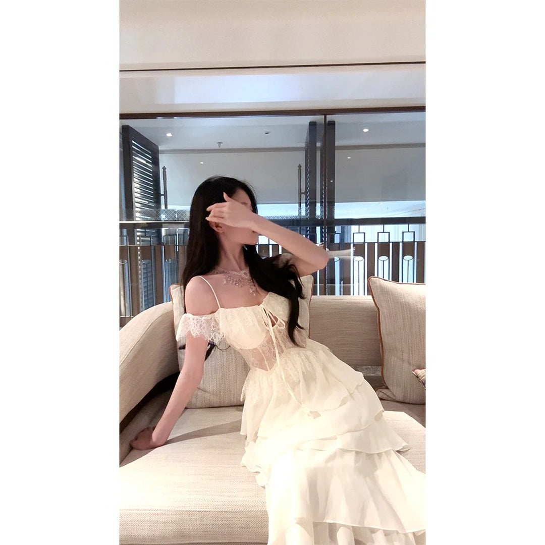 French Vintage Lace Halter Beach Gown Dress