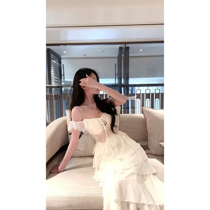 French Vintage Lace Halter Beach Gown Dress