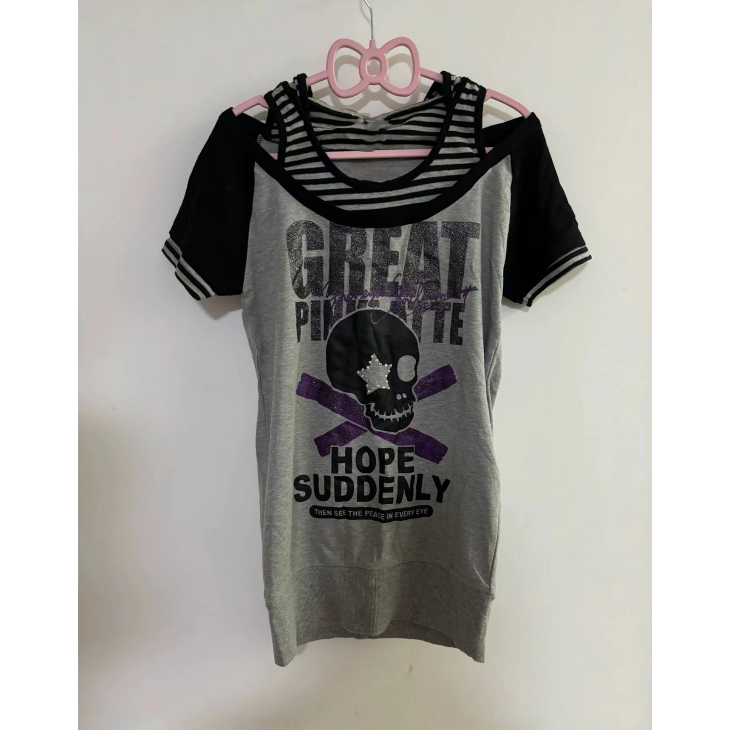 Gray Subculture Punk Y2K E-girl Shibuya Girl Fake Two-Piece Skull Hooded Short Sleeve Top