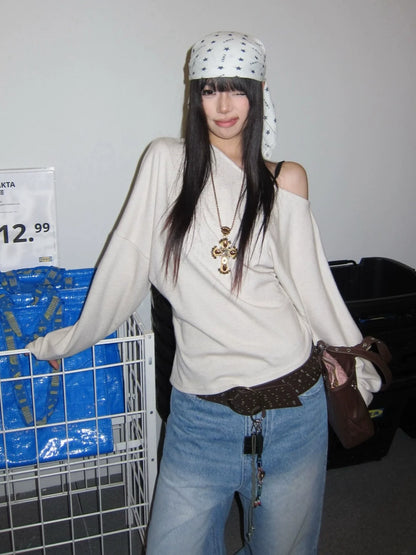 Korean White Asymmetric Long Sleeve Tee Autumn Vintage Slim Fit Off-Shoulder Top