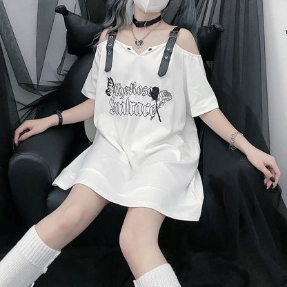 Black Misty Butterfly Print Off-The-Shoulder Mid-Length Oversized Y2K T-Shirt