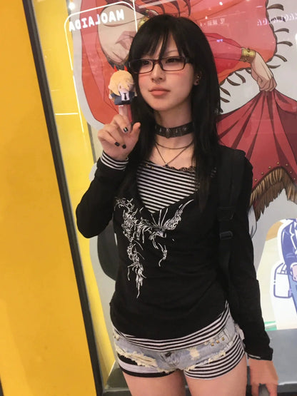 Black Punk Y2K E-girl Draped Neck Fake Two-Piece Print Unique Design Long Sleeve Top