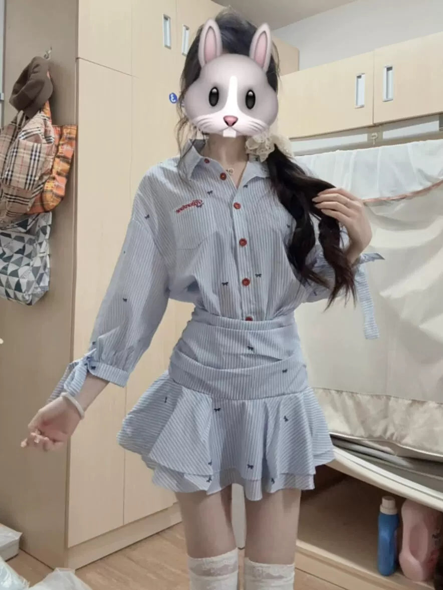 Blue-White Stripe Collared Mid-Sleeve Shirt Waist-Cinched Ruffled Summer Mini Dress