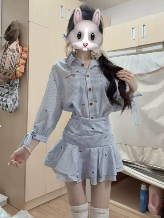 Blue-White Stripe Collared Mid-Sleeve Shirt Waist-Cinched Ruffled Summer Mini Dress