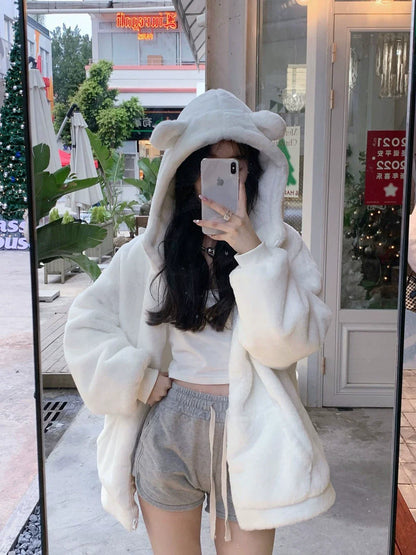 Teddy Bear Ear Faux Fur Coat