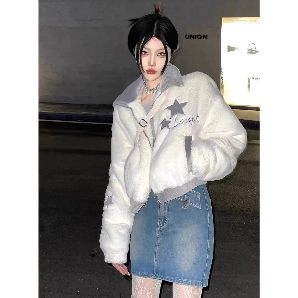 Apricot White Subculture Y2K E-girl Faux Rabbit Fur Stand-Collar Short Jacket (Winter)