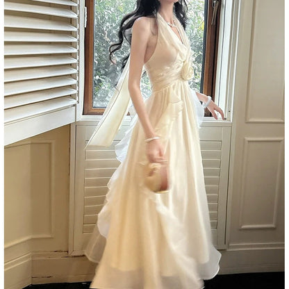 French Halter Floral Tulle Gown Dress