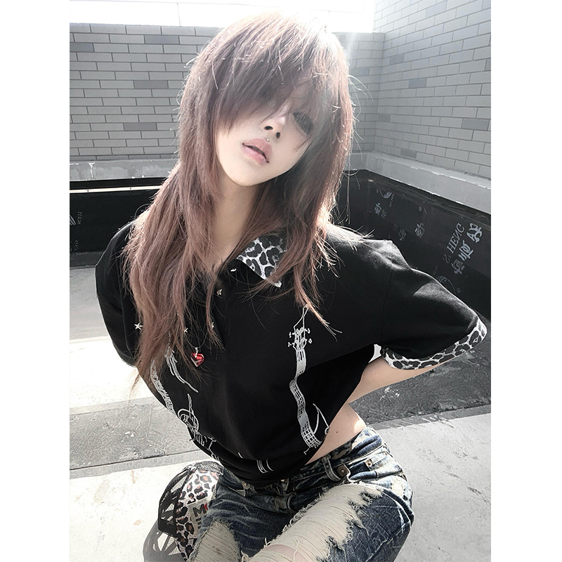 Y2K Leopard Patch Polo Tee