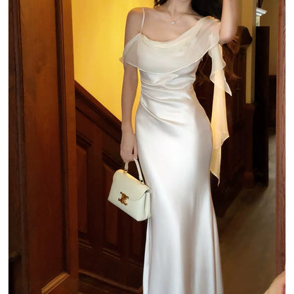 French Satin Spaghetti Strap Luxury Party Gown Dress