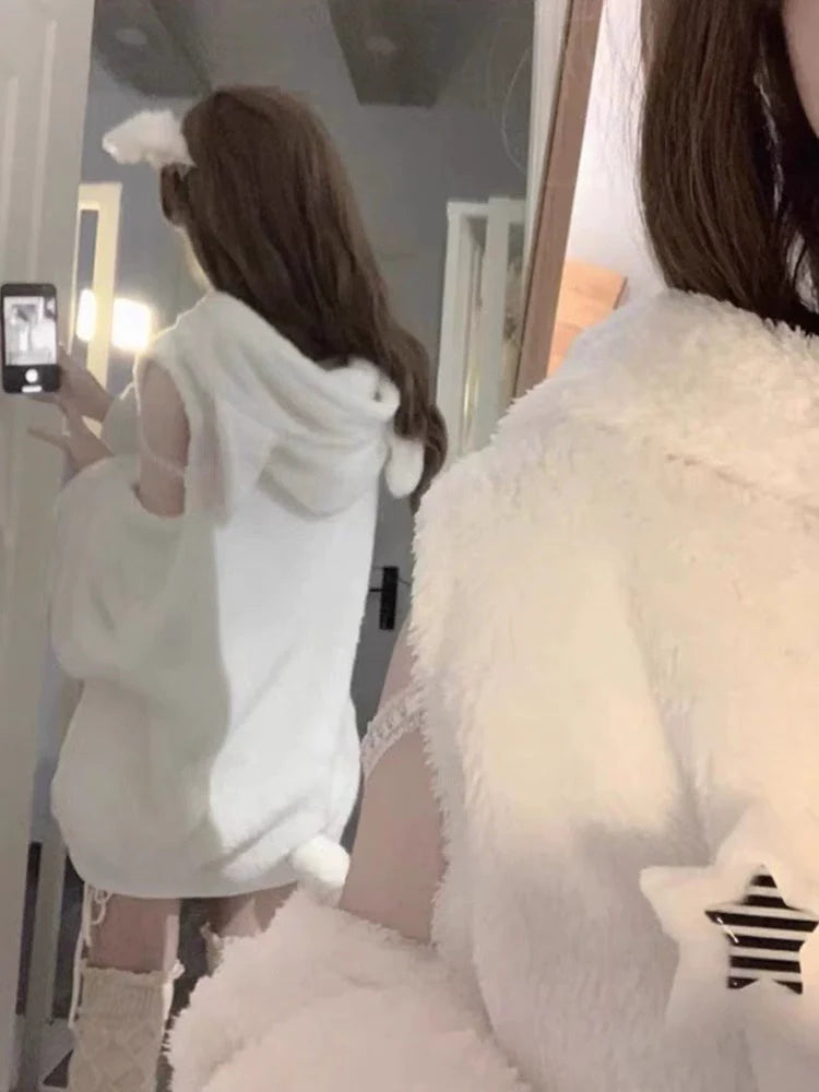 Snow White Y2K Japanese Sheep Off-Shoulder Lamb Fleece Hoodie