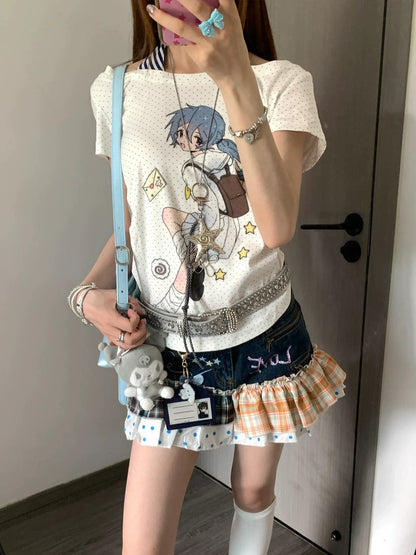 Y2K Polka Dot Halter Layered Tee Otaku Subculture Double-Layer Top