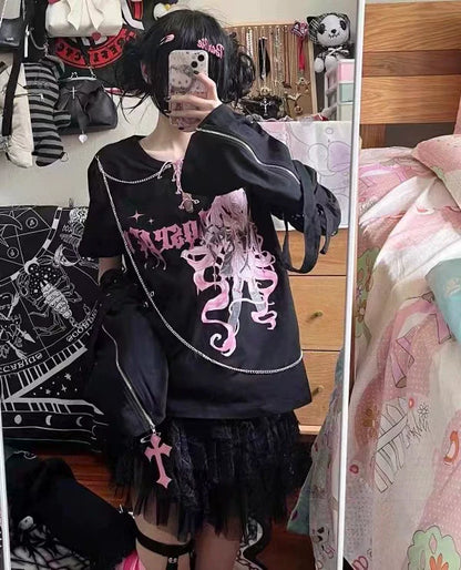 Black (With Chain Arm Sleeves) Subculture Punk Y2K E-girl  Removable Sleeve Fake Two-Piece Tie Top