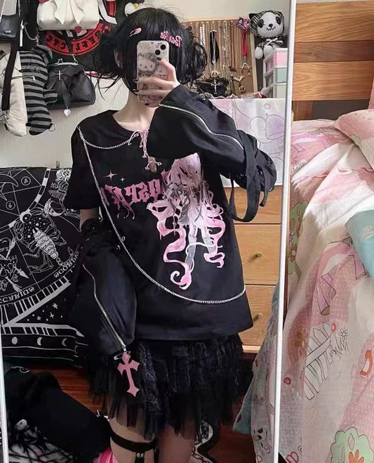 Black (With Chain Arm Sleeves) Subculture Punk Y2K E-girl  Removable Sleeve Fake Two-Piece Tie Top