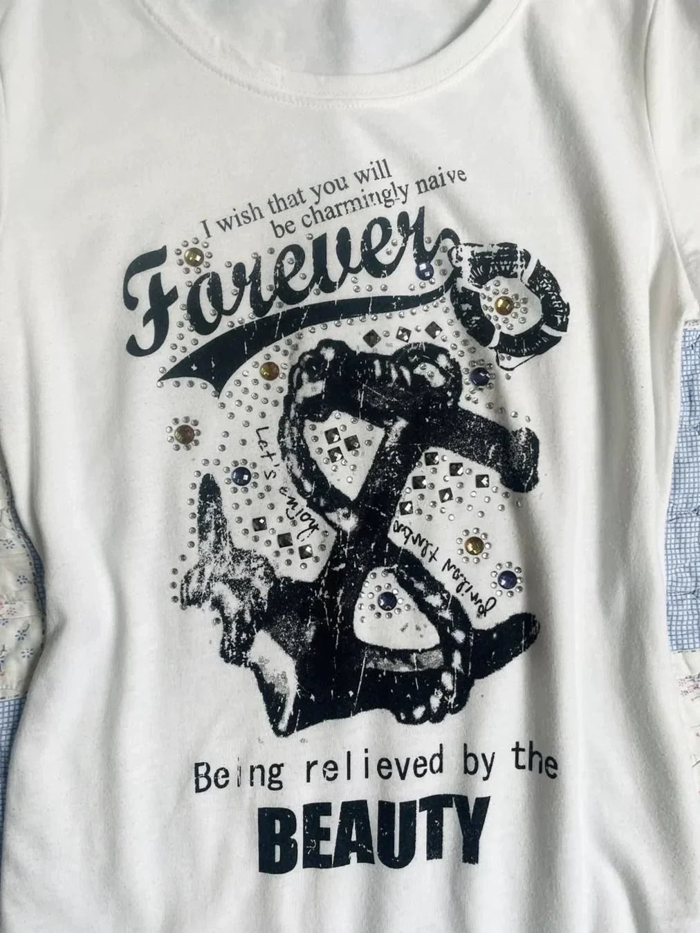 White Subculture Y2K E-girl Abi American Retro Vintage Print Waist-Cinched Short Sleeve Top