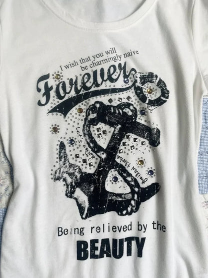 White Subculture Y2K E-girl Abi American Retro Vintage Print Waist-Cinched Short Sleeve Top