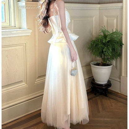 French Satin Halter Fake Two-Piece Gown Dress