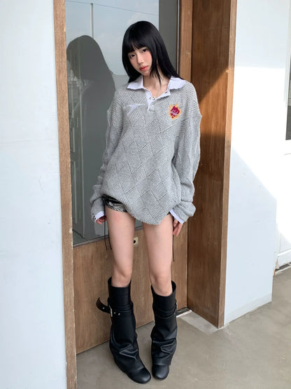 Subculture Argyle Polo Sweater Hollow Knit Layered Design Top