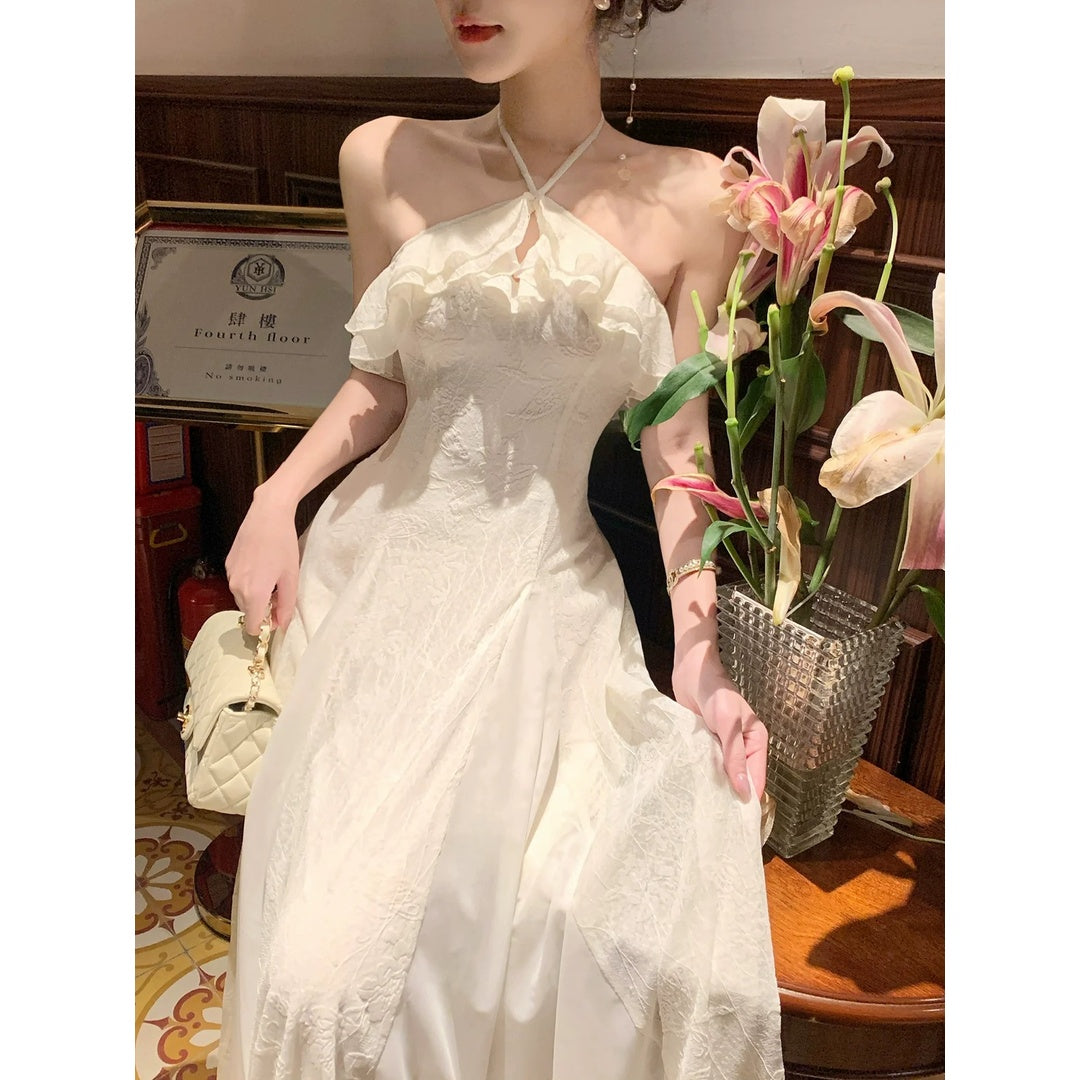 French White Halter Neck Pleated Gown Dress – Ruffled Waist Evening Dress