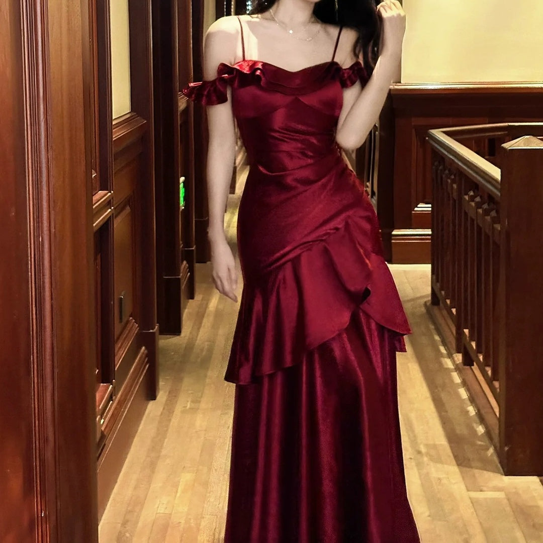 French Satin Off Shoulder Red Ruffle Gown Dress