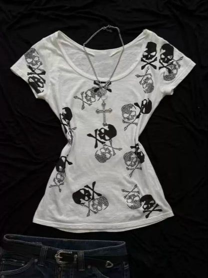 White Subculture Punk Y2K E-girl Abi American Retro Skull Print Short Sleeve Top (Style 2)