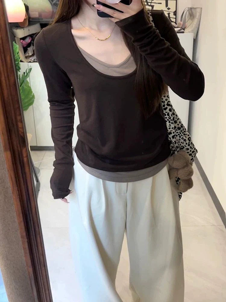 Coffee Fake Two-Piece Subculture Y2K E-girl Light Subculture Vintage Retro Long Sleeve Top