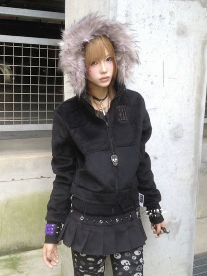 Y2K Visual Kei Fur Collar Hoodie Autumn-Winter Short Pullover with Tassel Hem