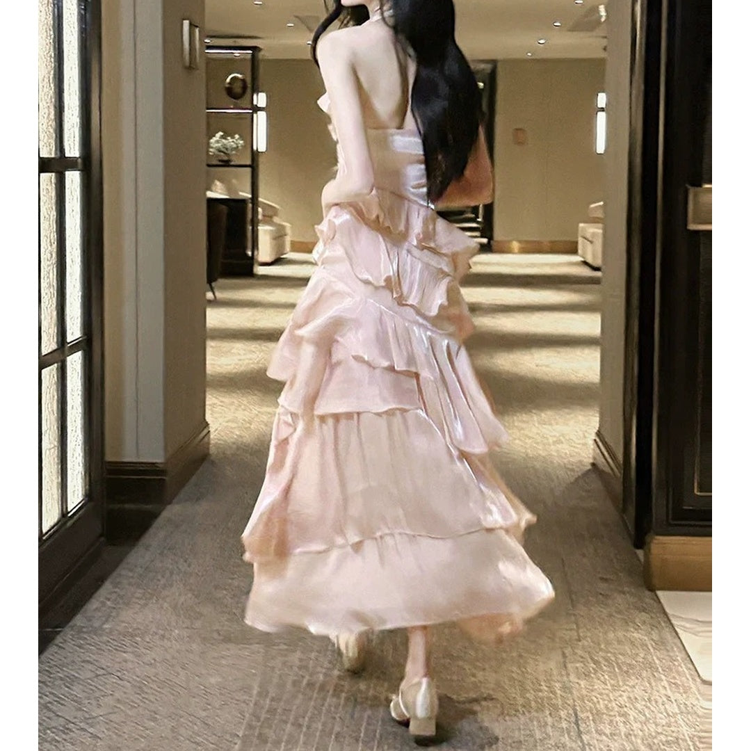 French Pink Halter Ruffle Gown Dress