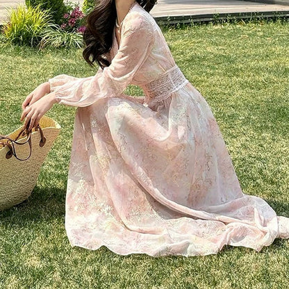 Embroidered Lace Floral Pink Gown Dress