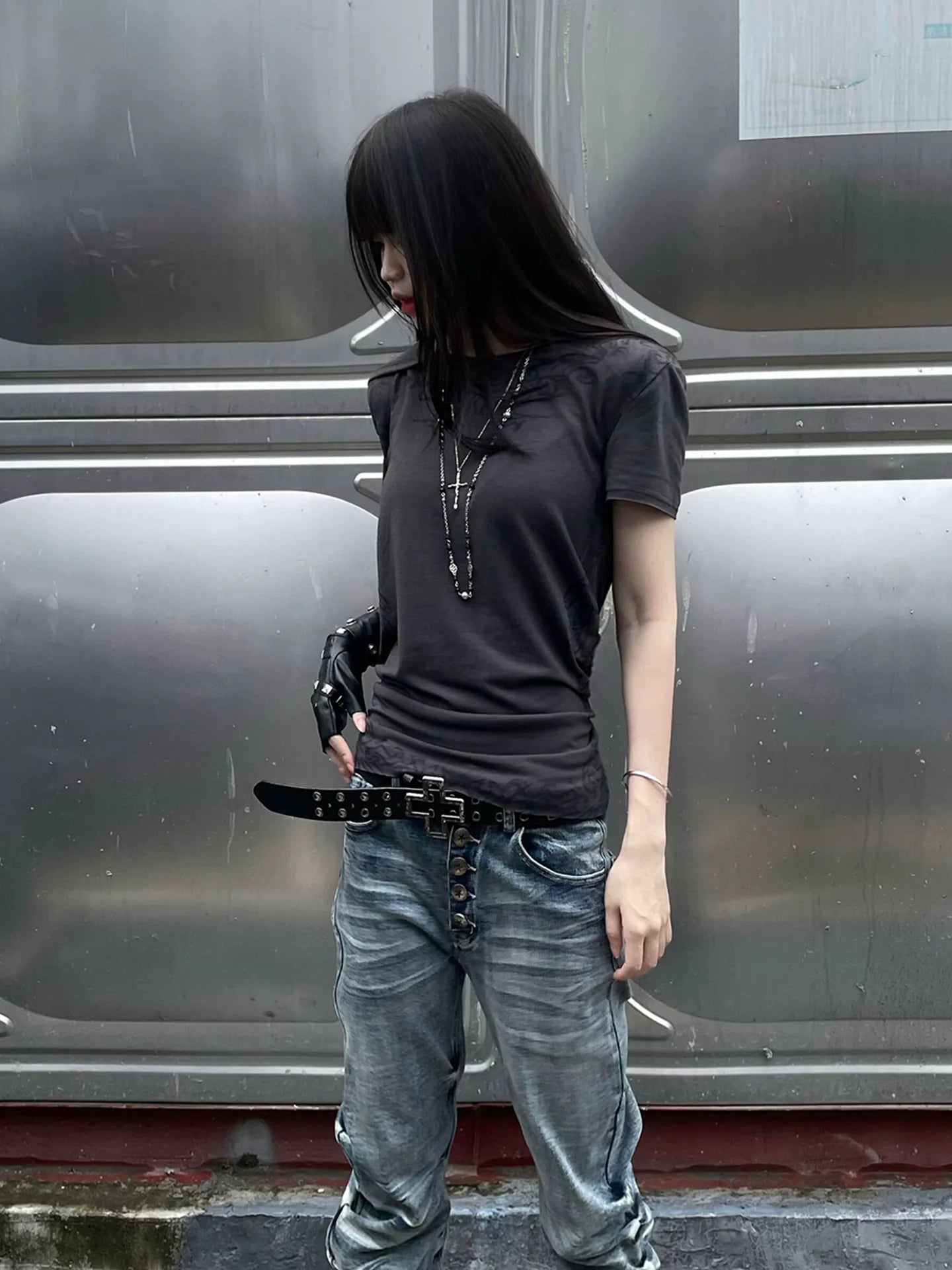 Punk Y2K Full Print Hoodie Tee Summer 2025 Visual Kei Structured Shoulder Top