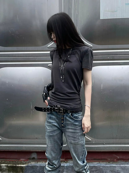 Punk Y2K Full Print Hoodie Tee Summer 2025 Visual Kei Structured Shoulder Top