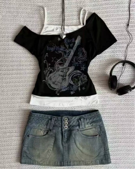 Black Subculture Rock Punk Fake Two-Piece Guitar Print Off-Shoulder Y2K T-Shirt