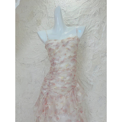 Pink Chiffon Floral Fitted Halter Gown Dress