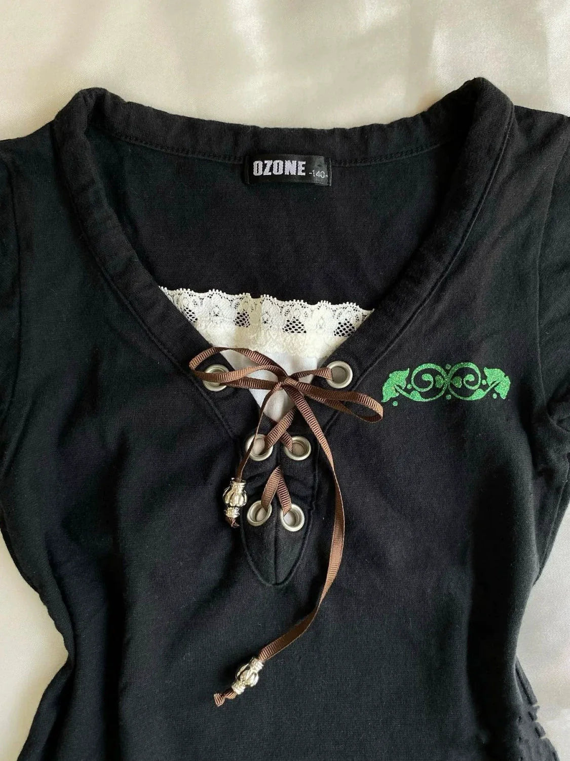 Black V-neck Fake Two-Piece Subculture Y2K E-girl Abi Vintage Short Sleeve Top