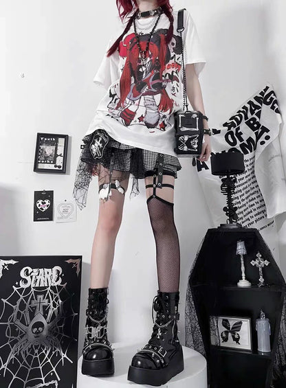 Rock Devil White Tee and Black White Spider Lace Skirt Y2K Two Pieces Sets