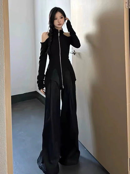 Black Y2K Halter Off-Shoulder Knit Cardigan