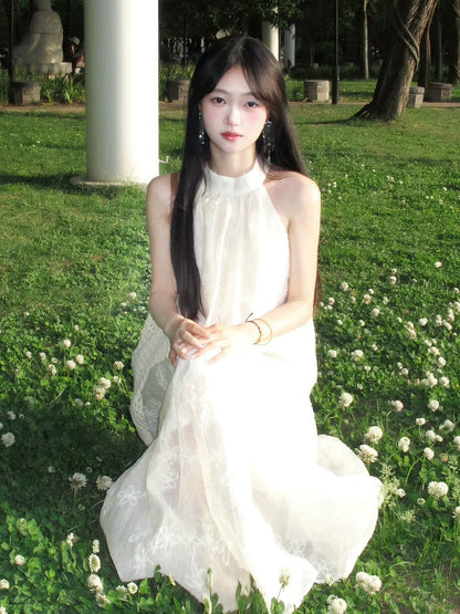 Soft Elegant Bow Halter Embroidered Maxidress