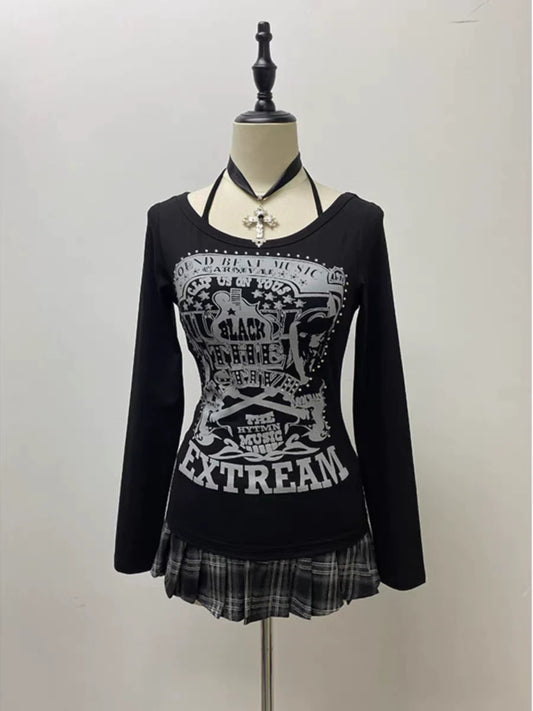 Black Gothic Vintage Print Designer Long Sleeve Y2K T-Shirt