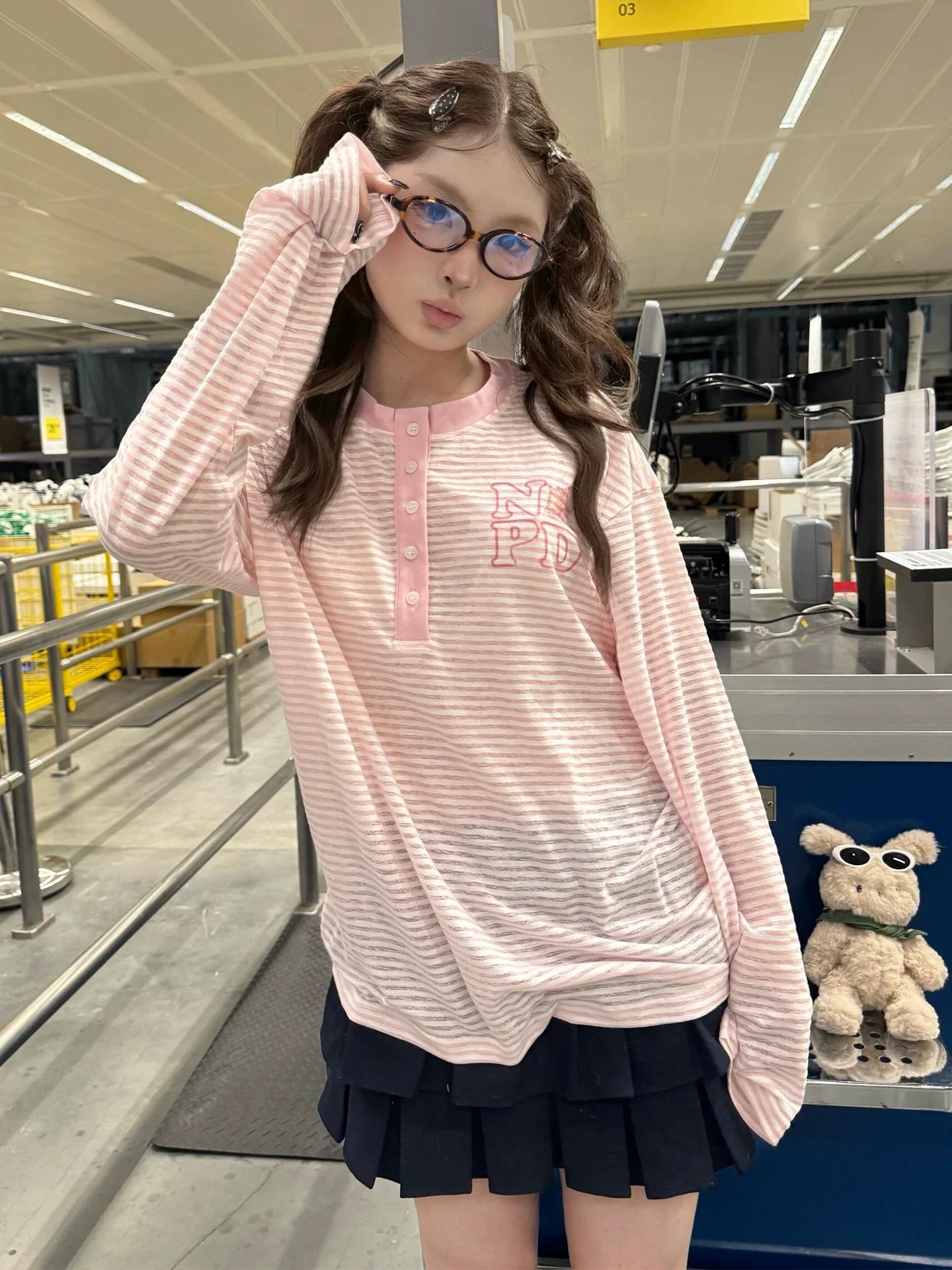 Pink Striped Henley Long Sleeve Loose T Shirt Summer Top
