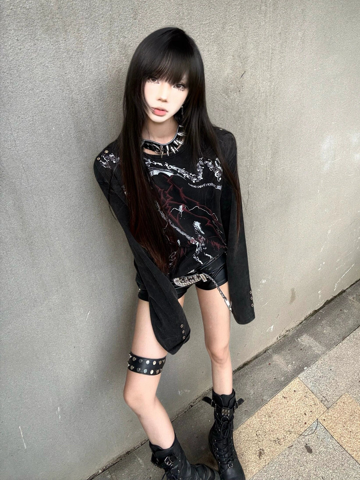 Y2K Subculture Vintage Wash Long Sleeve Tee Distressed Visual Kei Top