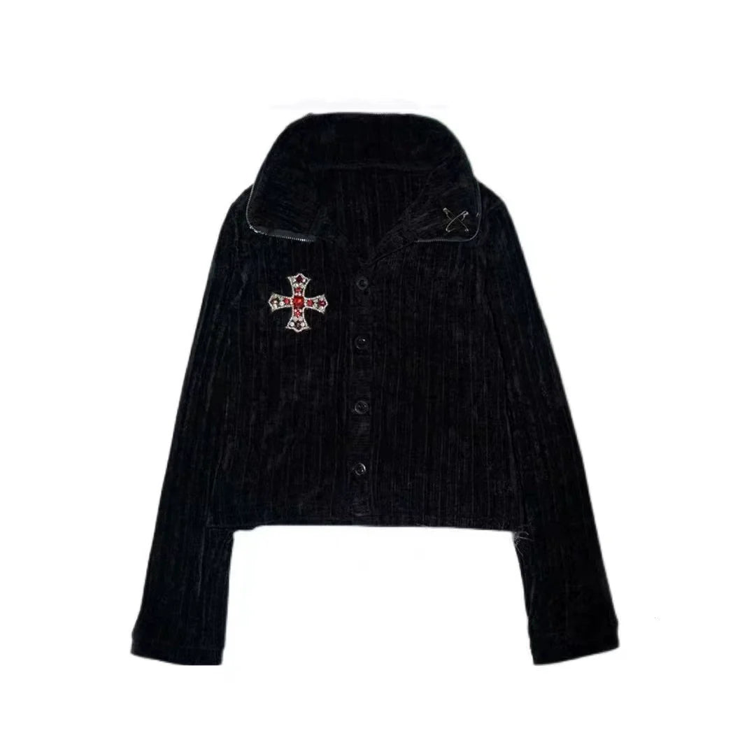 Y2K Gothic Punk Cross Rhinestone Cropped Knit Cardigan