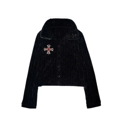 Y2K Gothic Punk Cross Rhinestone Cropped Knit Cardigan