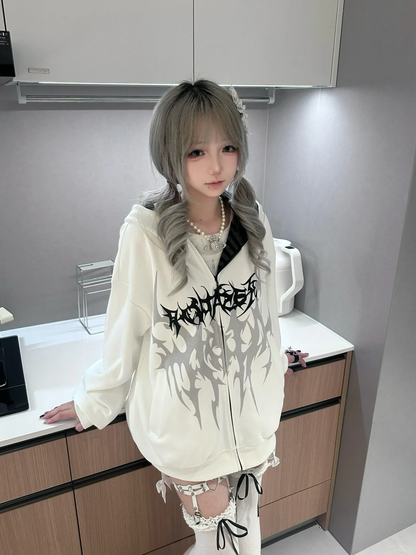 Fierce Tattoo Hoodie Coat [Fleece-Lined] Subculture Gothic Rock Punk Dark Y2K E-girl Hooded Sweatshirt Jacket