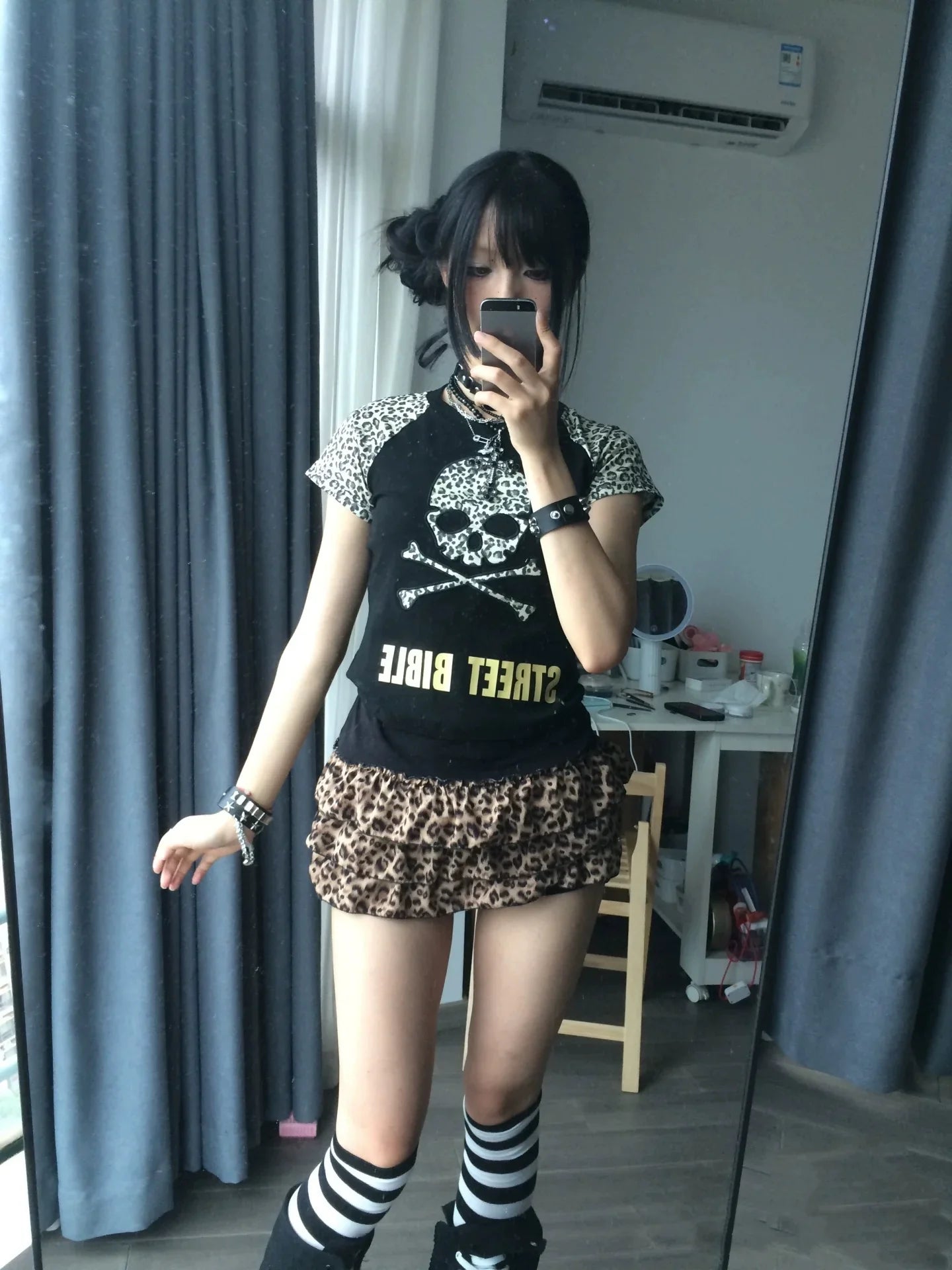 Leopard Embroidery Subculture Punk Y2K E-girl Vintage Slim Short Top