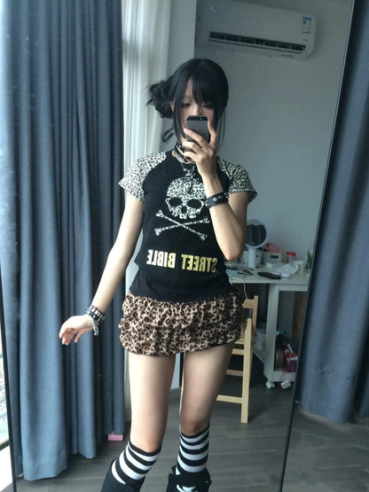Leopard Embroidery Subculture Punk Y2K E-girl Vintage Slim Short Top